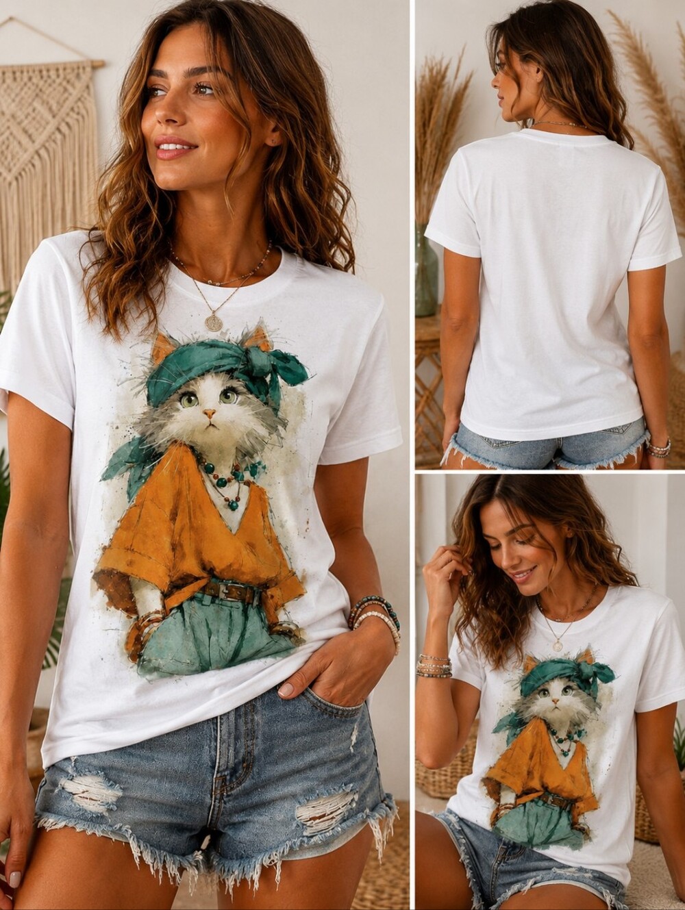 BOHO WHIMSICAL KITTY GRAPHIC T-SHIRT 🐱✨